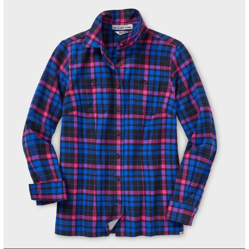 Duluth Trading Co Free Swingin Flannel Shirt 1X Blue Pink Plaid 74760 Plus Size